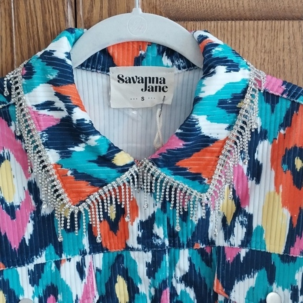Savanna Jane‎ NWT Size Small Rhinestone Fringe Collar Jacket Shacket Multi Color
